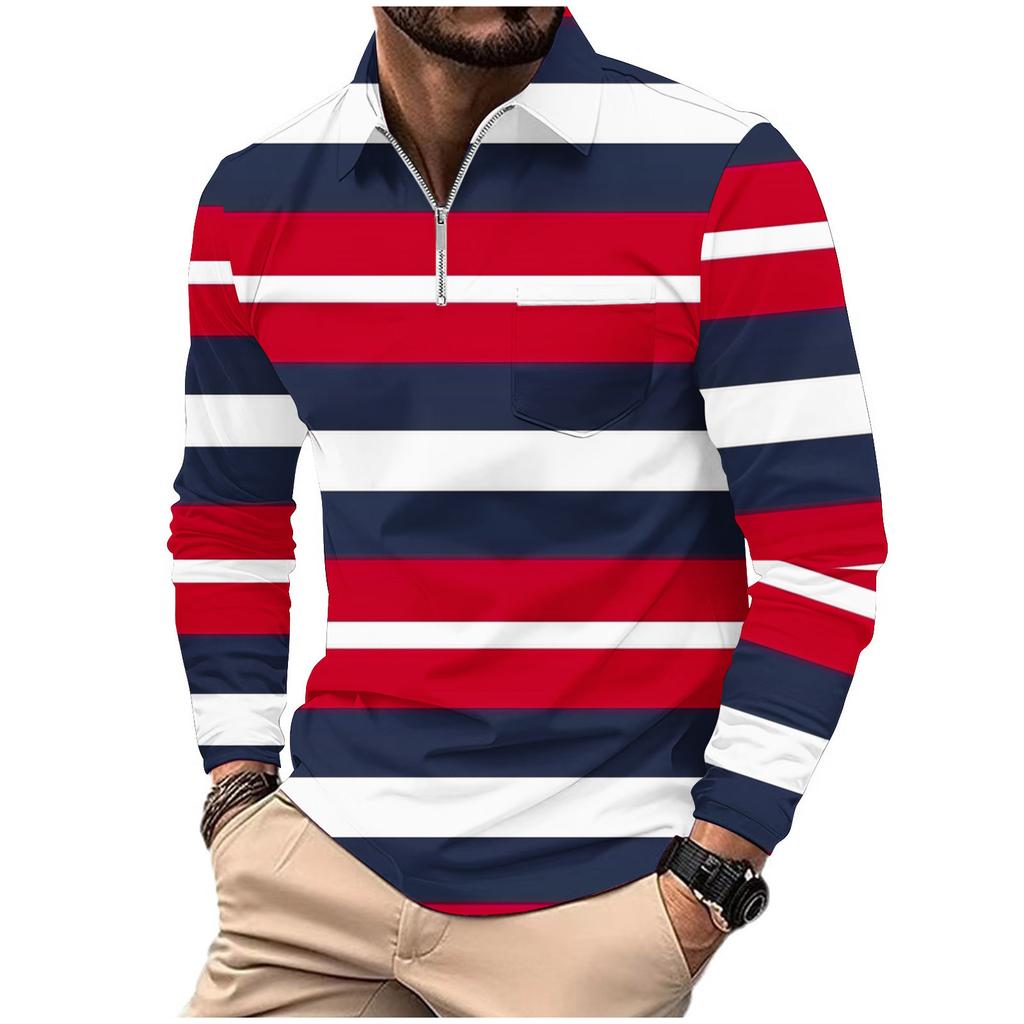 Fashion Polo Shirt Men's Printed Long Sleeve Zip Pocket Sports Polo Shirt Men's Striped Sweatshirt