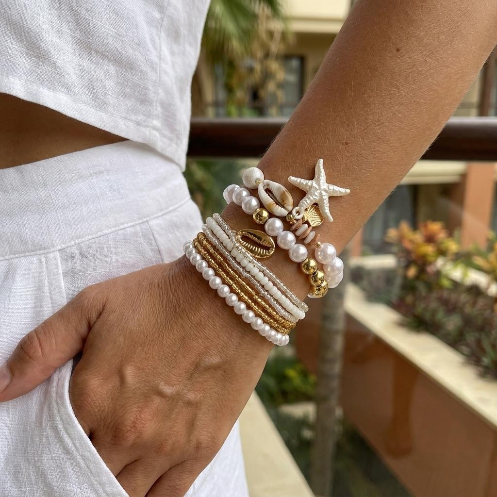 Stackable Starfish Shell Elastic Bracelet Set for Women Dainty Imitation Pearl Beaded Bracelet Vacation Party Jewelry Gift