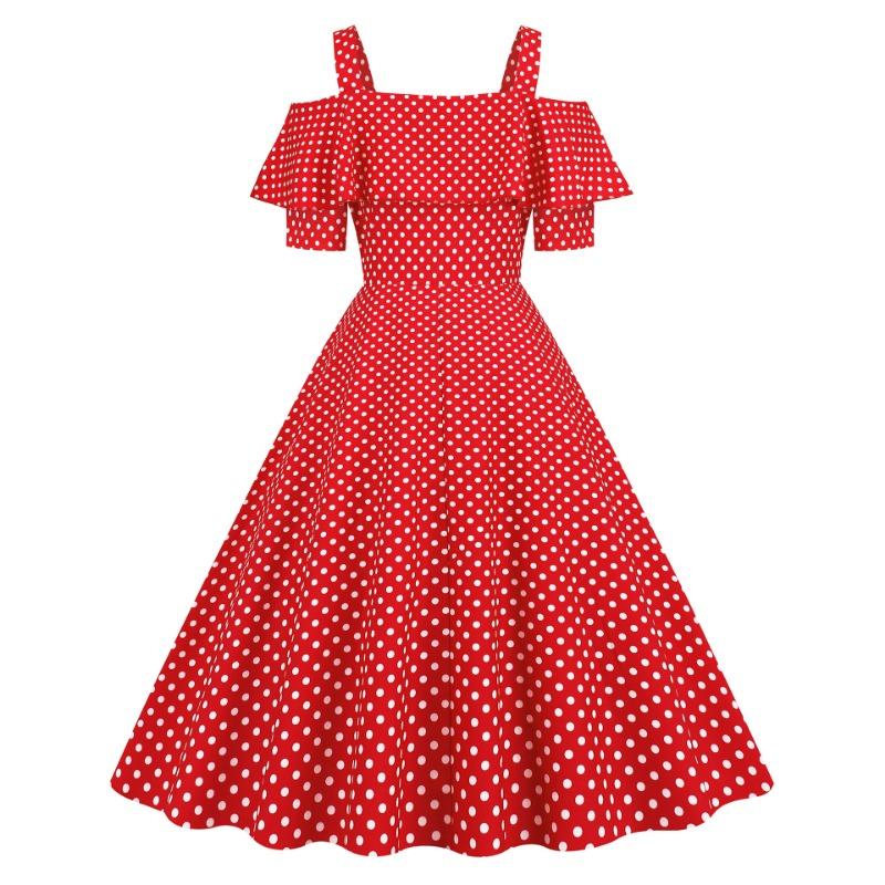 Women's Clothing Source Hepburn Suspender Ruffle Edge Short Sleeve Big Pendulum Polka Dot S S Retro Dress