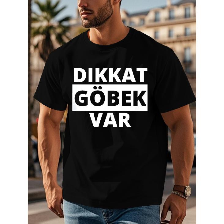 Men's Turkish-Inspired Graphic T-Shirt - Bold Geometric Print & DIKKAT GOBEK VARG Text, White & Black Contrast Casual Tee, Short Sleeve Round Neck,