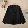 VONDA Women V Neck Long Sleeve Lace Up Ruffled Hem Semi-Sheer Shirts Blouse