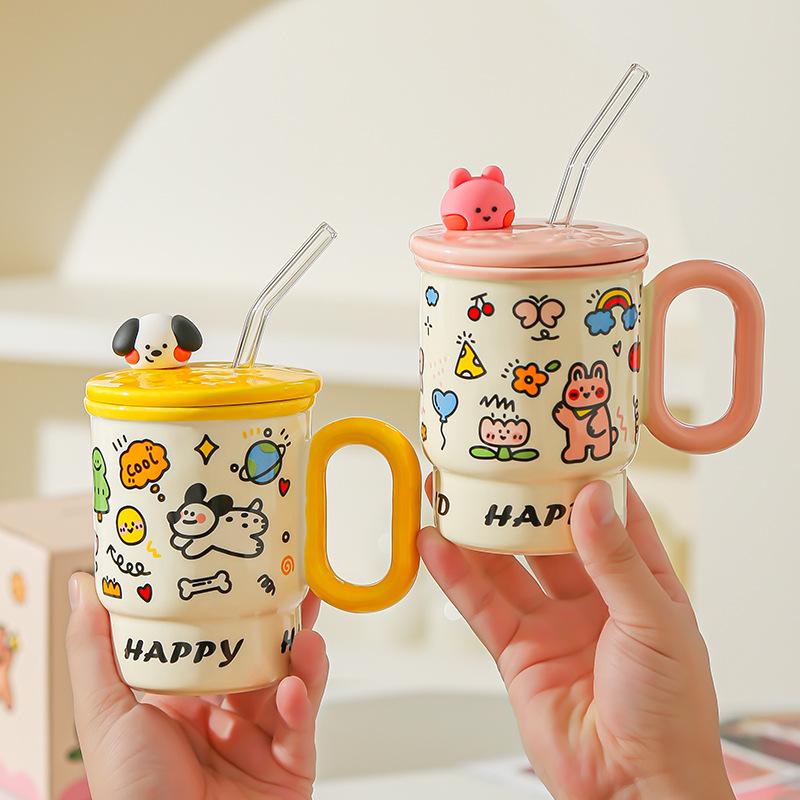 Cute Mug Boy and Girl Birthday Gift High Value Water Cup Creative Straw Cup Couple Cup Student Desktop Water Cup