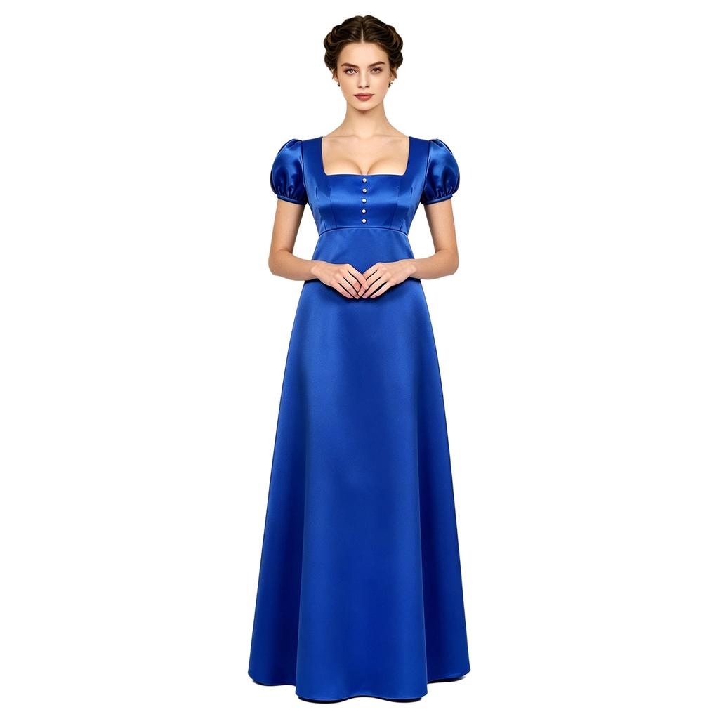 Maxikleid mit quadratischem Ausschnitt und Puffärmeln, mit Kunstperlen, Empire-Taille, Knöpfe hinten, Satin, Regency-Kleid für Damen, Party, Ball