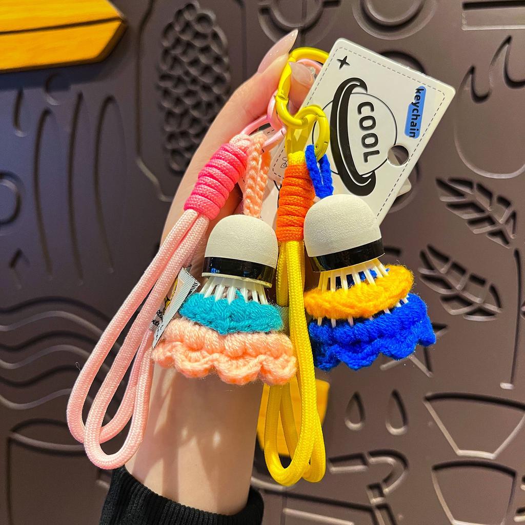 Cute Crochet Badminton Keychain, Handmade Shuttlecock Bag Charm with Braided Rope Clip