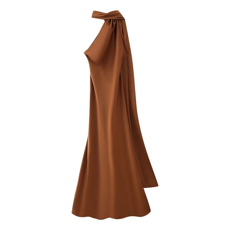 Elegant Off-Shoulder Backless Wrap Tie Neckline Maxi Dress Women 2025 Slim Fit High Waist TR Fabric