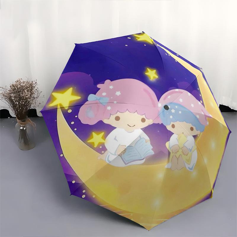 1 Stück Mond Kleine Zwillingssterne Automatischer 3-Fach-Regenschirm Design, Niedliches Cartoon-Muster, Tragbarer Outdoor-Regenschirm, Perfekt, Feiertagsgeschenk für Fans.S052