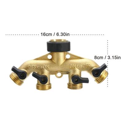 4 Way Garden Hose Splitter 3/4in Hose Connector Copper Water Diverter with 4 Valves for Yard Lawn KTY