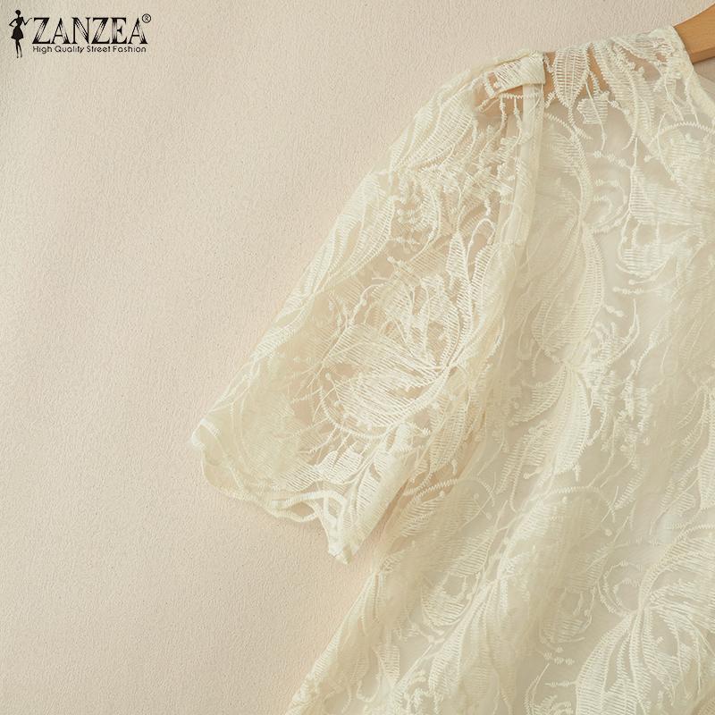 ZANZEA Damen Casual Lace Patchwork Sommer Kurzarm Bluse