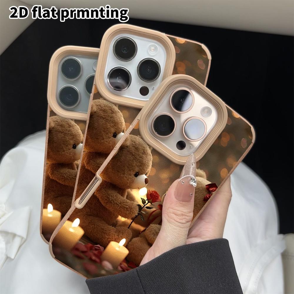 Phone Case: 2D Flat Lambskin Suitable for iPhone 18, 17, 16, 15, 14, 13 Pro Film Protective Case, Two Teddy Bears, Christmas and Halloween Gift