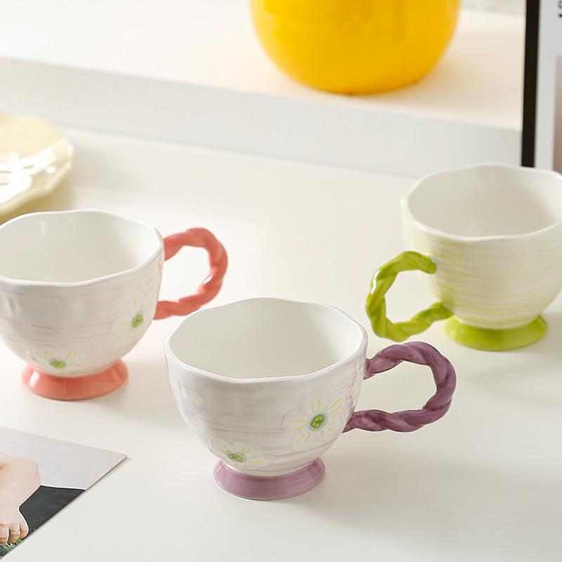 Relief Underglaze Colored Ceramic Cup Children's Goblet Hand-held Water Cup Gift with Handle Milk Cup Portable