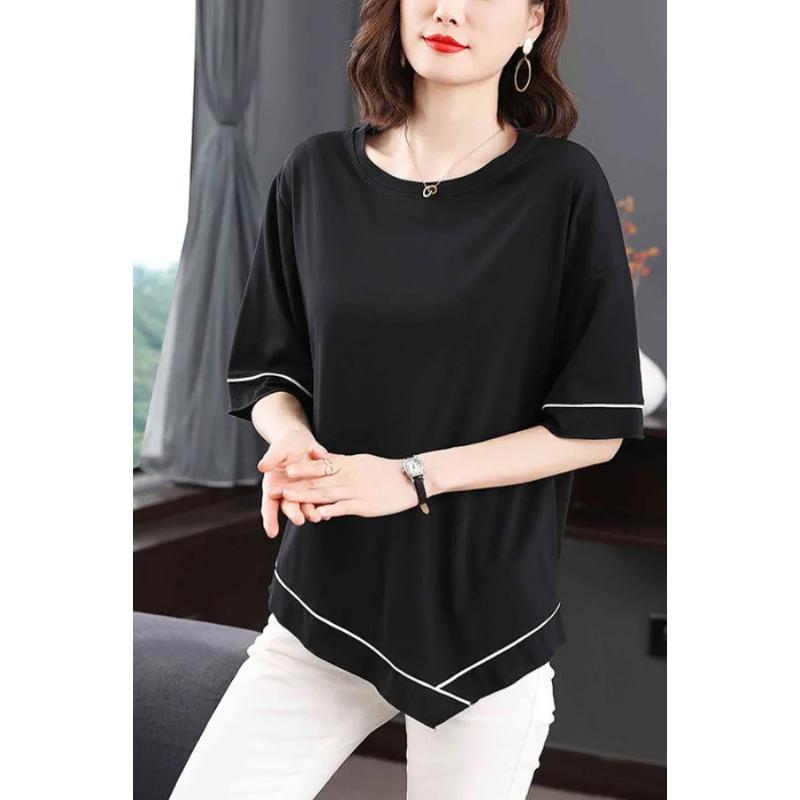 Loose and Thin All Match Short Sleeved Slimming Middle-aged Round Neck Top with Five Quarter Sleeves Stylish T-shirt Top