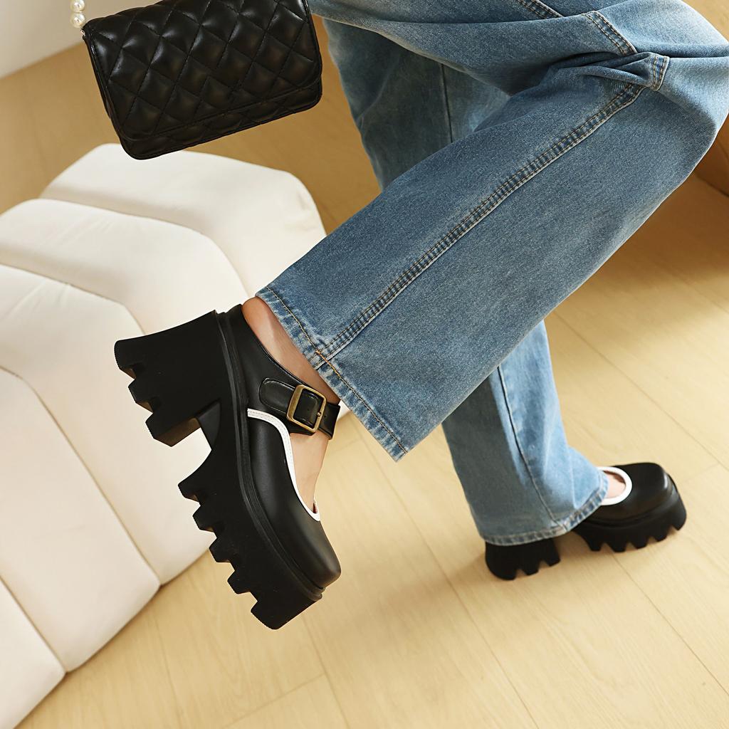 thick-soled Mary Jane shoes for  spring and autumn new retro French one-word with thick heels and light mouth jk small leather shoes for women