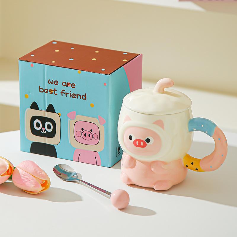 Cute cute cartoon piggy ceramic mug with lid for girls' birthday girlfriends practical souvenir gift box