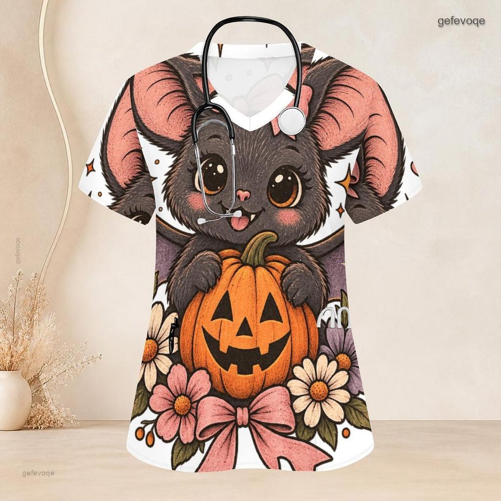 Women Plus Size V Neck Short Sleeve Scrub Top Halloween Camper Van Campfire Bat Pumpkin Print Nurse Uniform Top