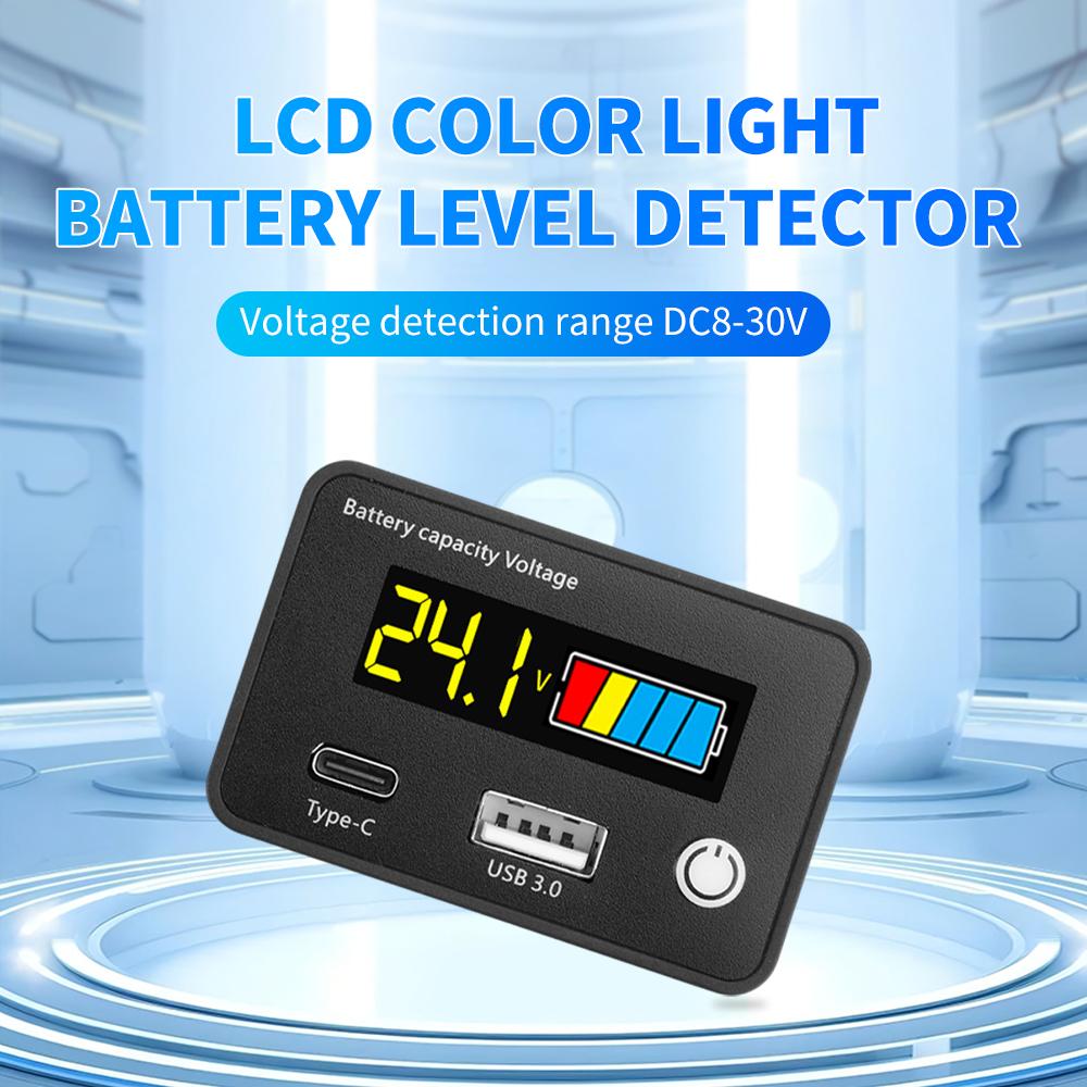 DC8-30V Battery Capacity Indicator Car Motorcycle Digital Voltmeter Voltage Tester Meter Tool USB3.0/Tpye-C Output for Car