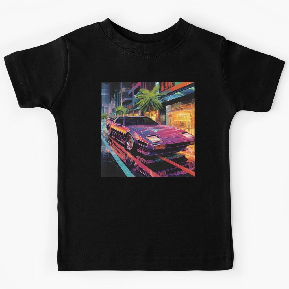 Retro Futuristic Pink Sports Car and Night City with Plams Kids T-Shirt 110