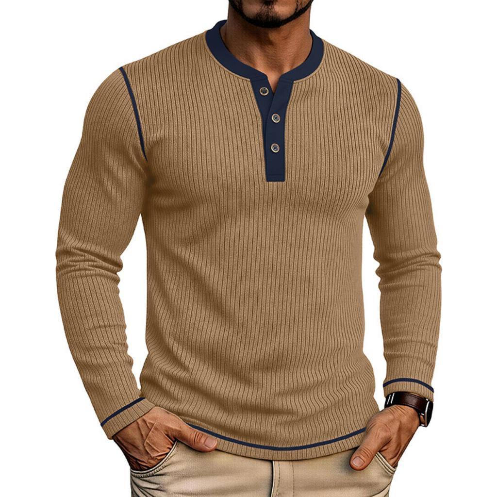 Men's Long Sleeve Henley Shirt Ribbed Knit Sweater Pullover Buttoned Collar Slim Fit Casual Top for Autumn Winter