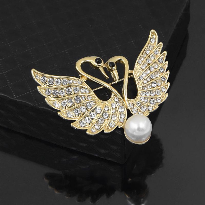 Rhinestone Swan Couple Brooch: Elegant Pearl Lapel Pin  Scarf Buckle Zhenyao Jewelry