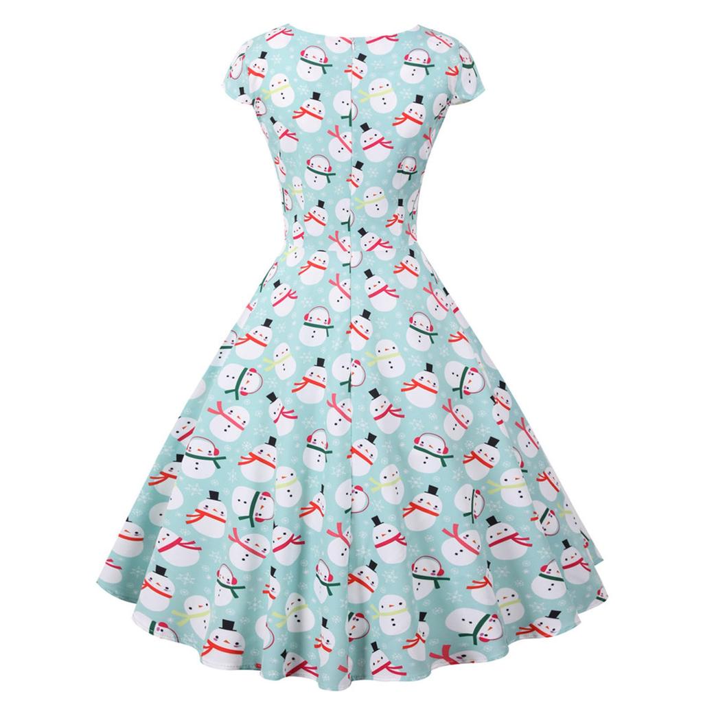 Women's Vintage Style Christmas Dress V Neck Short Sleeve Fit and Flare Midi Dress Holiday Party Swing Dress with Snowman Print