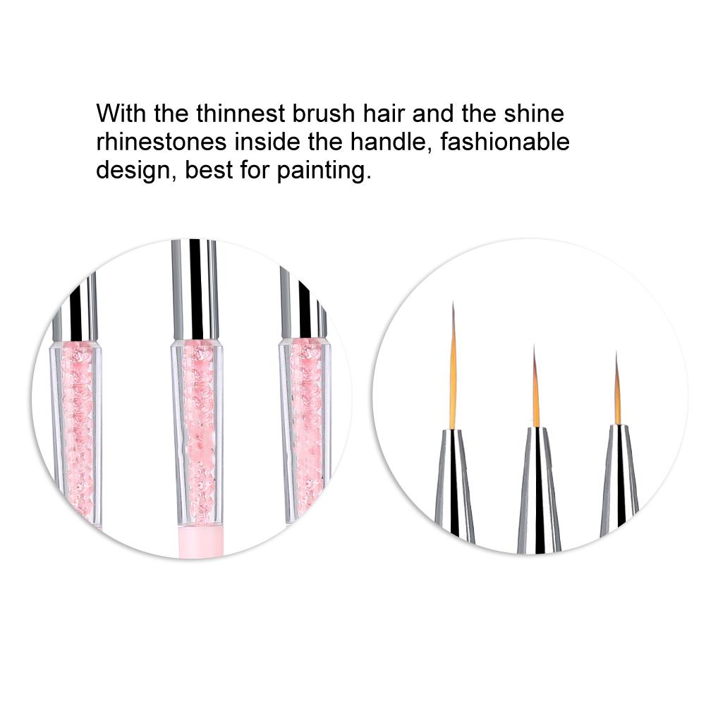 3pcs Nail Art Dotting Liner Brush UV Gel Painting Pen Drawing Tool Set Rhinestone Handle (Pink)