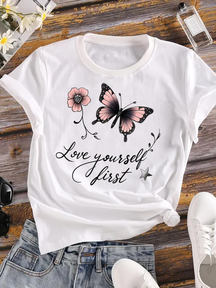 (Asian Size) Sweet Butterfly 90s Trend Printed Female Clothing Women Tee Lady  T Shirt  Casual Fashion Top Graphic Short Sleeve T-shirts