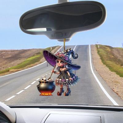 Halloweenský přívěsek čarodějnice Akrylová ozdoba do auta Dekorace na zpětné zrcátko Sváteční atmosféra Scénický doplněk