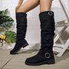 Women's Large Size Belt Buckle Slouch Boots Chunky Heel Knee-High Fashion Boots.