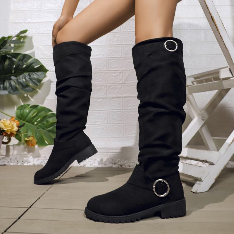 Women's Large Size Belt Buckle Slouch Boots Chunky Heel Knee-High Fashion Boots.