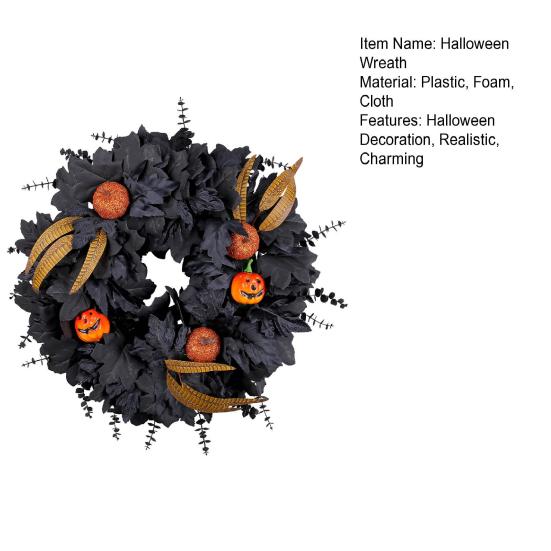 20 Inches Halloween Wreath for Front Door Black Eucalyptus Wreath with Artificial Pumpkin Feather for Indoor Outdoor Wall Window Porch Patio Decor