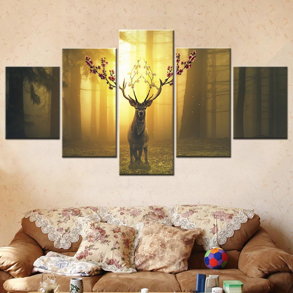 Deer with Flowers in the Forest Wall Art Canvas Set Landscape Painting Animal Pictures Modular Posters on the Wall Room Decor