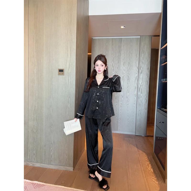 

Блестящая пижама для женщин Ice Silk весна и осень брюки с длинными рукавами черный кардиган пиджак домашняя одежда XXL