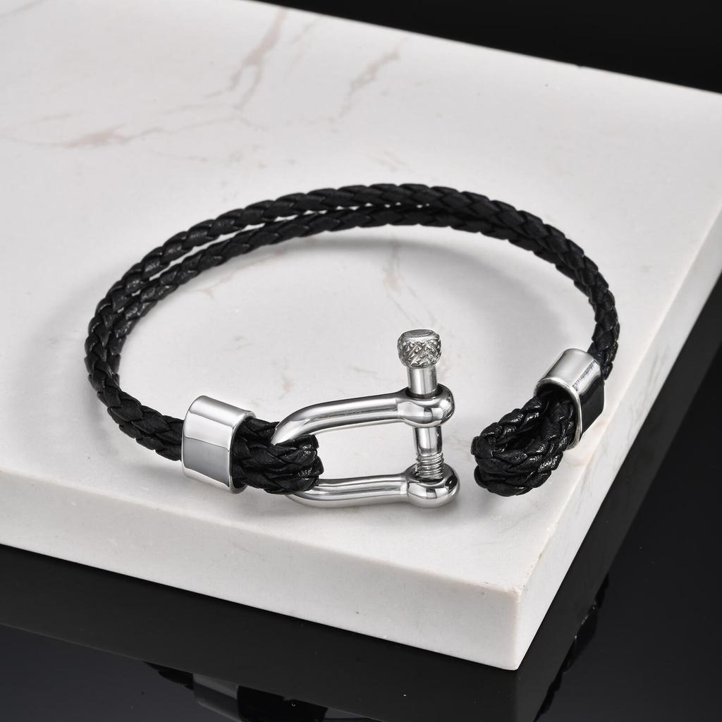Stylish Leather Bracelet for Men Boys,Black Double Layers Leather Rope Bracelets,Trendy Jewelry Gifts to Dad Husband