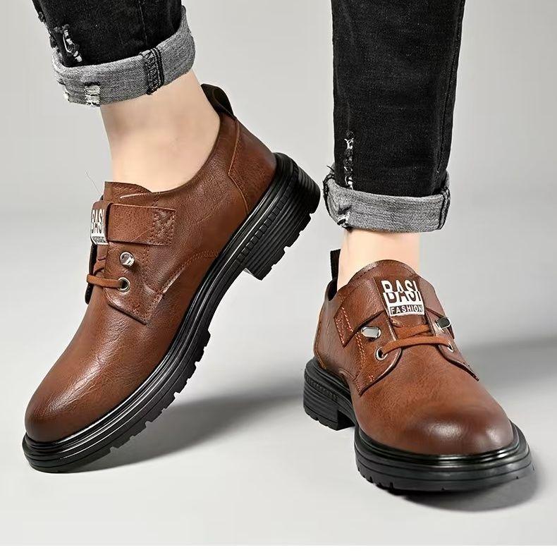 Autumn and winter new British style breathable casual shoes low top thick sole big head leather shoes soft sole