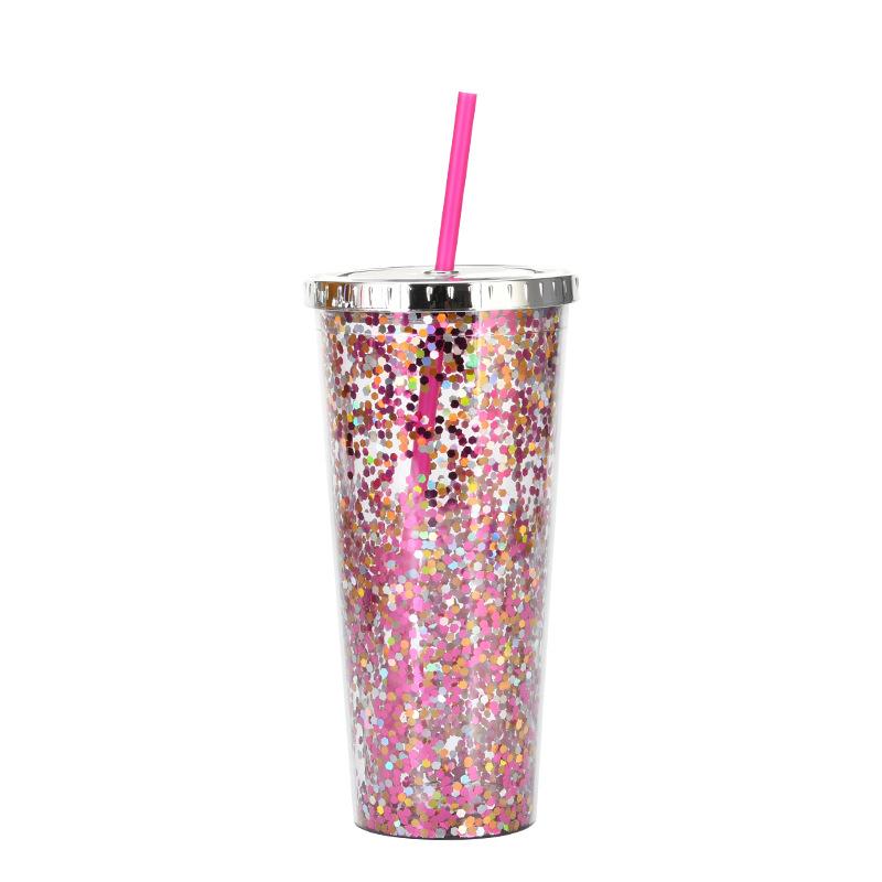 Taza de Plástico de Doble Capa de 24 oz con Purpurina Botella de Agua Portátil con Pajita Vasos Reutilizables de Plástico con Tapas Taza para Bebidas de Fiesta