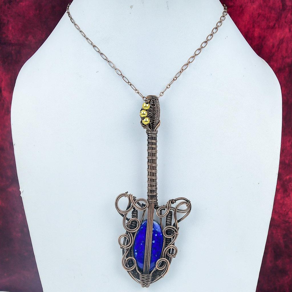 Lapis Lazuli Gemstone Pendant Copper Wire Wrapped Guitar Pendant Handmade Jewelry