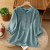 Women Fashion Solid Color Round Neck Half Sleeve Chinese Style Cotton Linen Shirt Floral Embroidery Button Blouse Casual Top