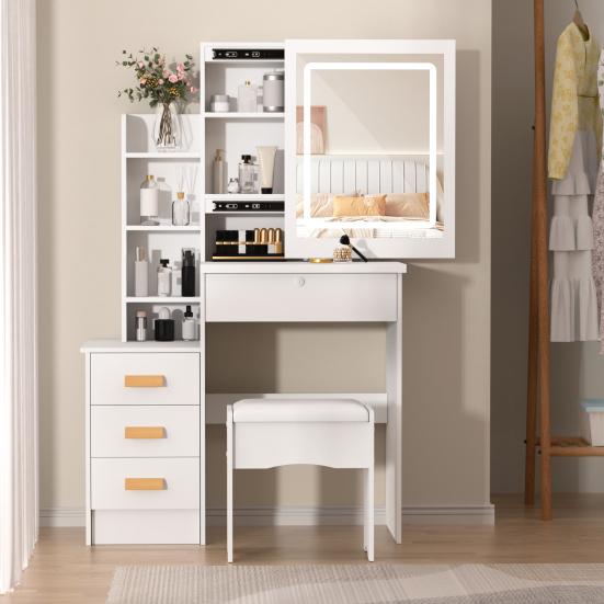 Makeup Mirror Desk Vanity with Sliding and Lights, Bedroom Dressing Table, Lighted Table Drawers & Shelves, Hidden Storage Space Dresser