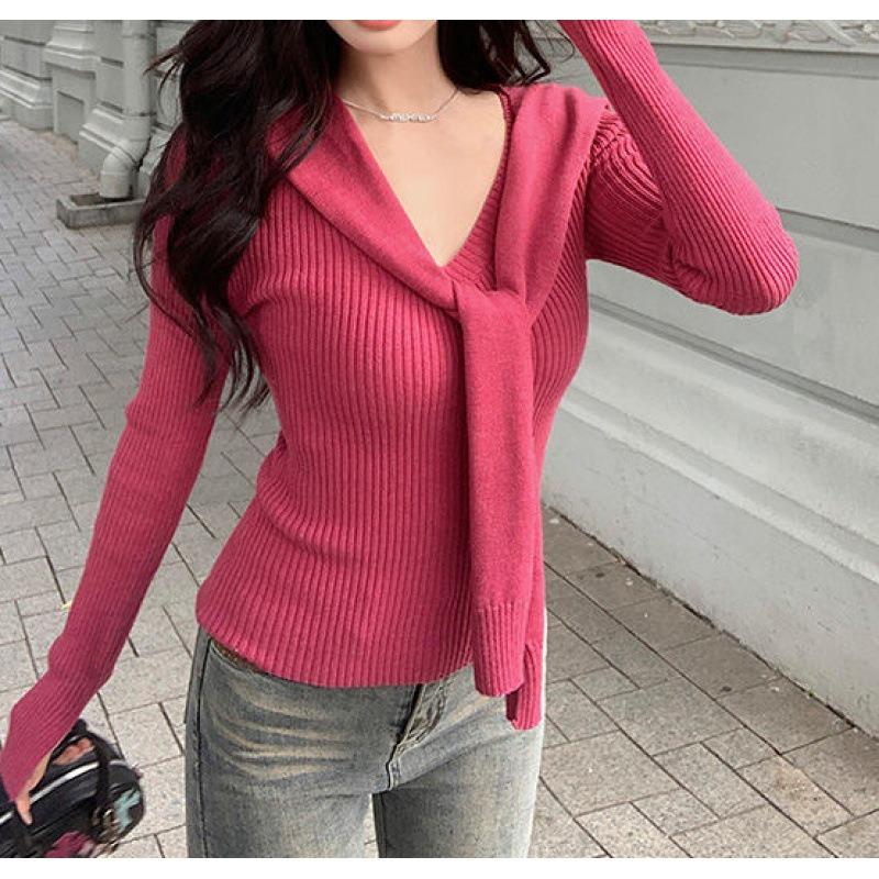 Sweet style temperament shawl knitted sweater women's autumn new thin slim bottoming shirt top