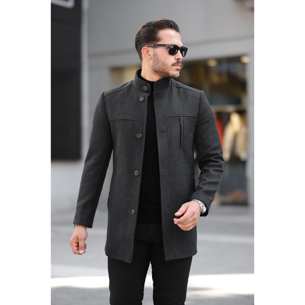 Men's Casual Cut Windproof Buttoned Long Black Cuff Coat