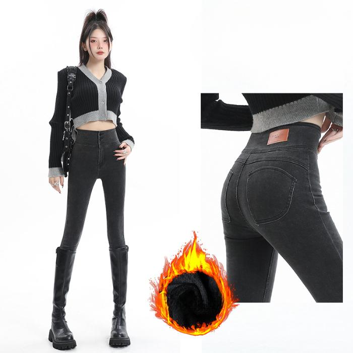 Plush Velvet Trousers for Women In Autumn and Winter Peach Buttocks Tight Jeans for Women Ash Super High Waist Pencil Pants for Women