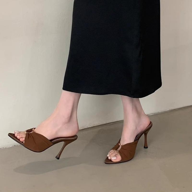 

Fashion 2025 New Ladies Shoes Open Toe Women s Slippers Fashion Outdoor Metal Decoration Summer Plus Size Dress Best Seller High Heels 42 коричневый