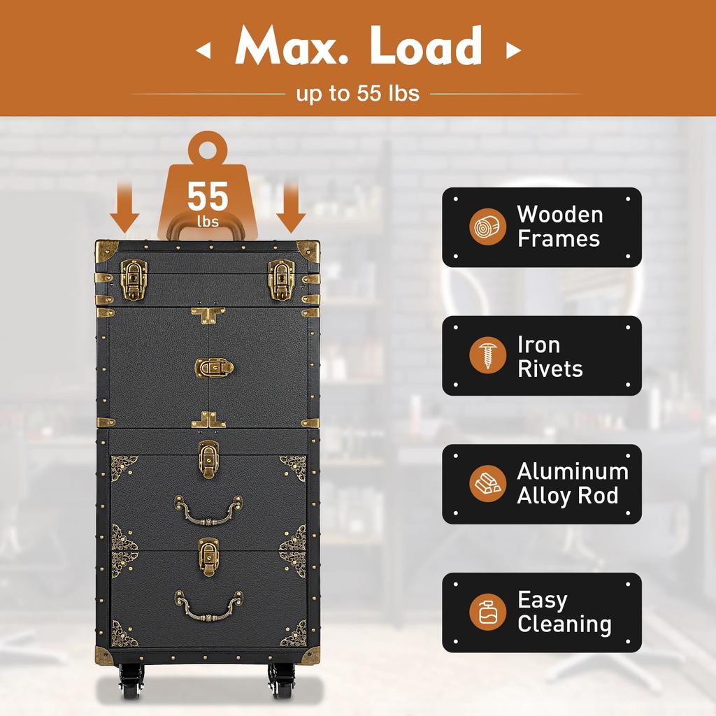 Black Vintage Style Tie Bar Hairdressing Case - 3 Layer Multi Functional Rolling Beauty Tool Storage Box with Wheels for Salon