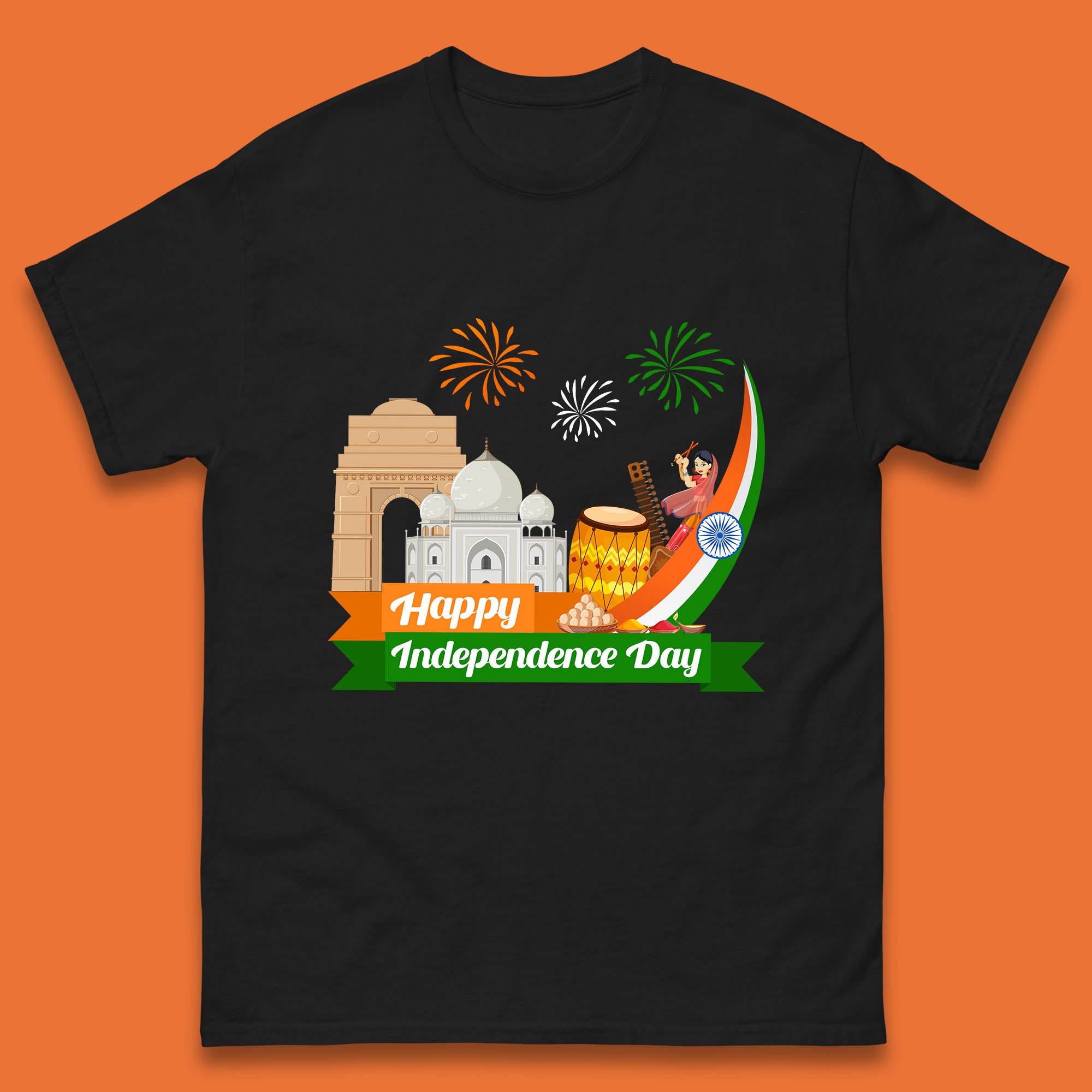 Happy India Independence Day 15th August Patriotic Indian Flag India Architectural Landmarks Mens Tee Top L