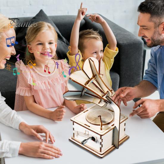 1 Sada DIY Retro Gramofon Model Kit Ručně vyráběné Dřevěné Puzzle Ručně poháněný Fonograf Stavebnice Řemesla Gramofon STEM Projekt Dětská Vzdělávací Hračka