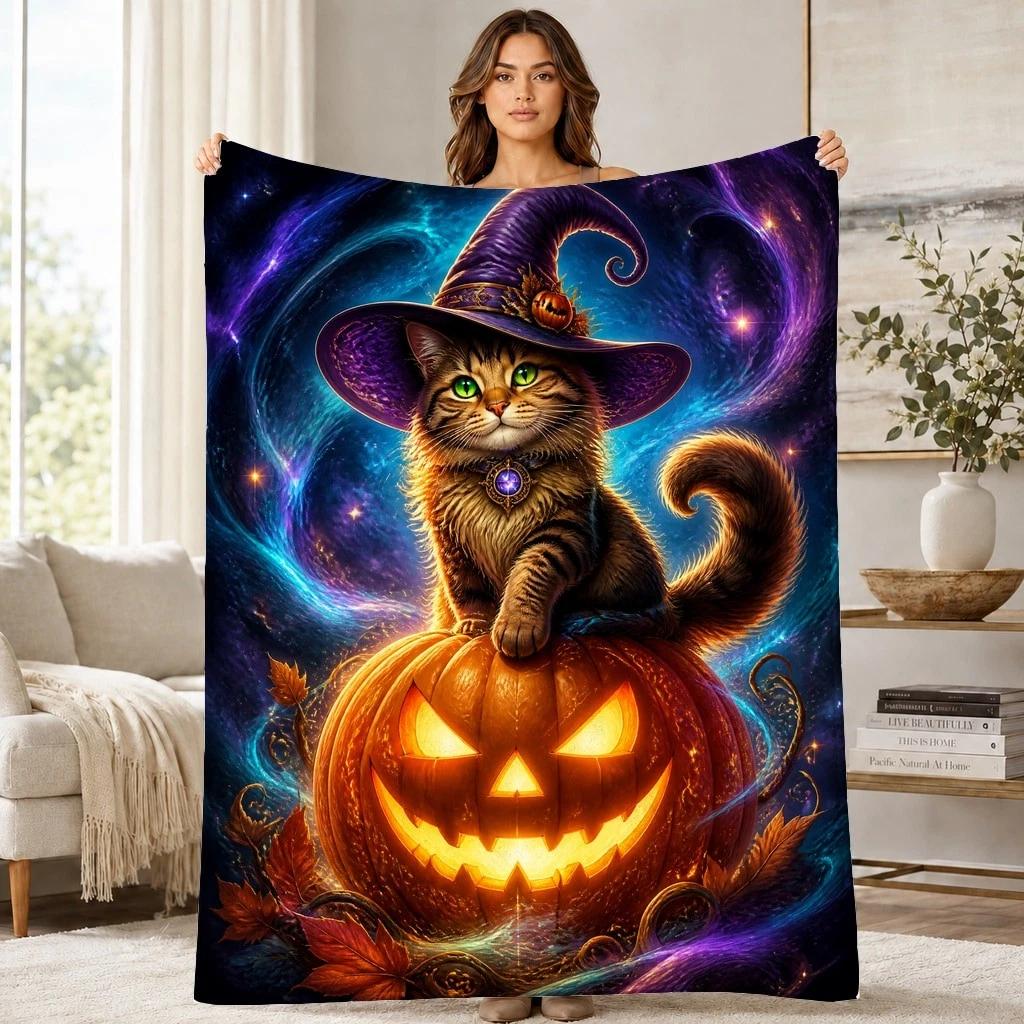 Witch Cat Jack O Lantern Coral Fleece Blanket Halloween Decor