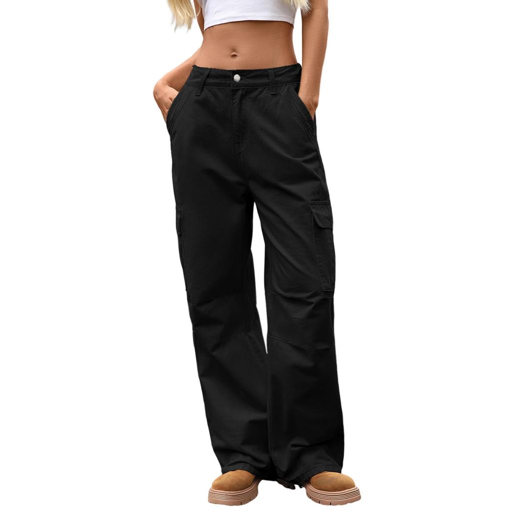 Women's Casual Fashion Solid Color Elastic Waist Pockets Wide Leg Straight Jeans Pants
