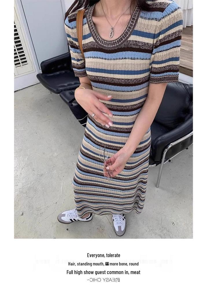 Summer 2026 Korean Chic Striped Knit Maternity Maxi Dress