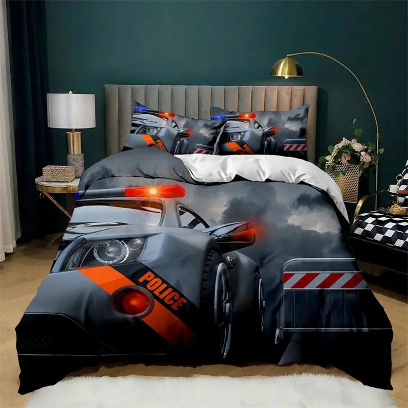 Auto Bettbezug Schwarz Polizist Auto Einzelbettwäsche Set Cartoon Fahrzeug Bettdecke Rot Polizistenlichter Polyester Steppdecke