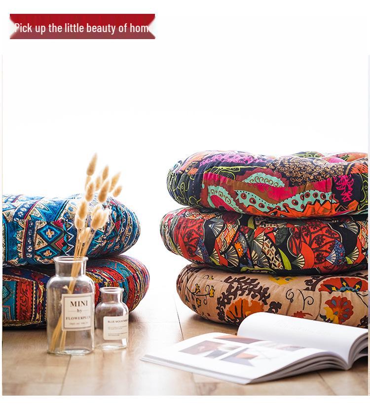 Ethnic Fabric Thickened Round Cotton Linen Cushion for Bay Window, Tatami, Prayer, Teahouse, or Yoga.