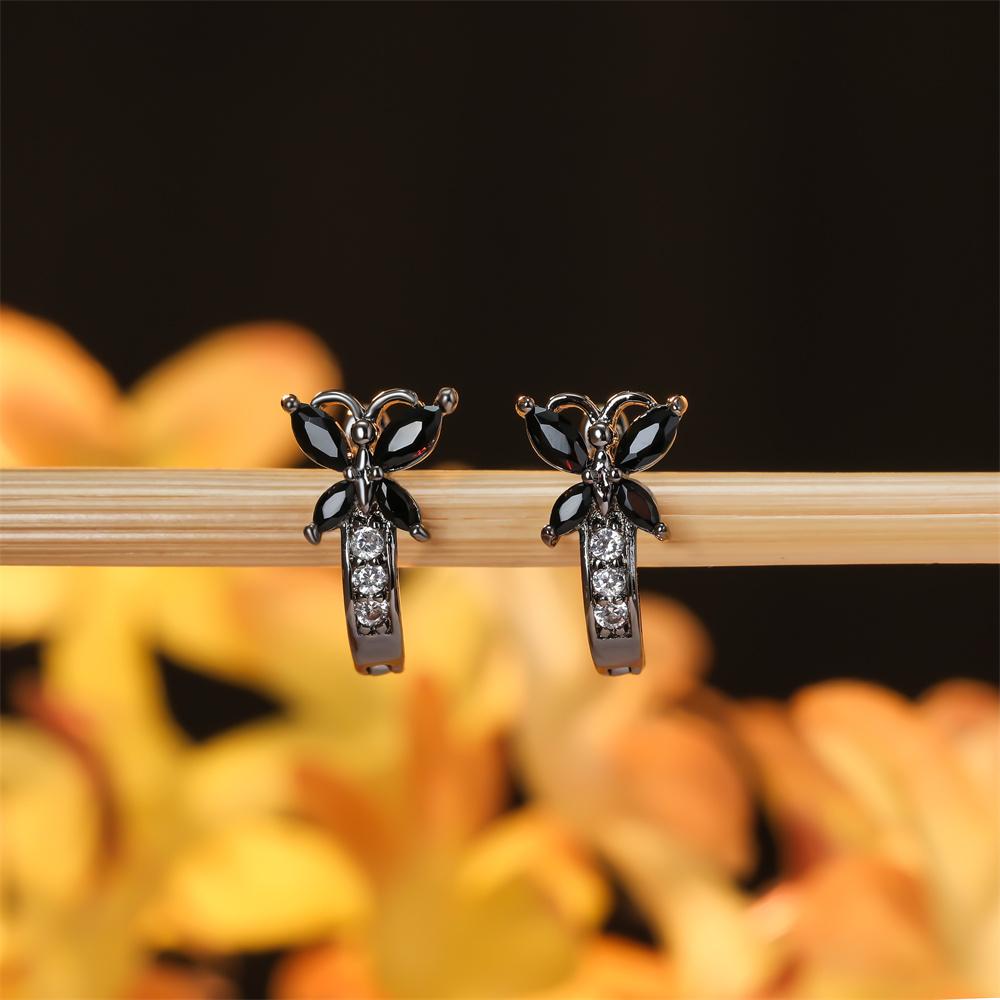 Vintage Black Zircon Cute Small Butterfly Hoop Earrings For Women Black Metal Color Ear Buckle Wedding Jewelry Versatile Gifts